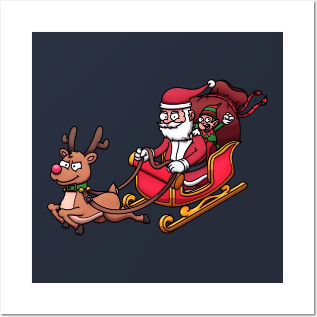 Cartoon Santa Claus And Elf Riding Sleigh With Reindeer Wall Art by TheMaskedTooner